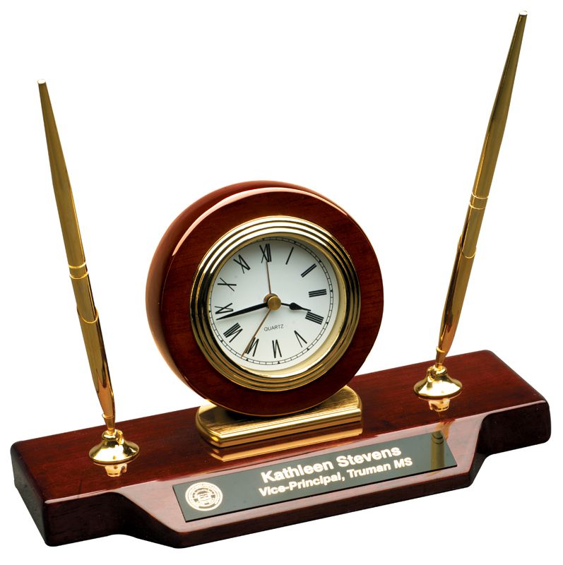 Desk Clock With Pens Glendora Trophy