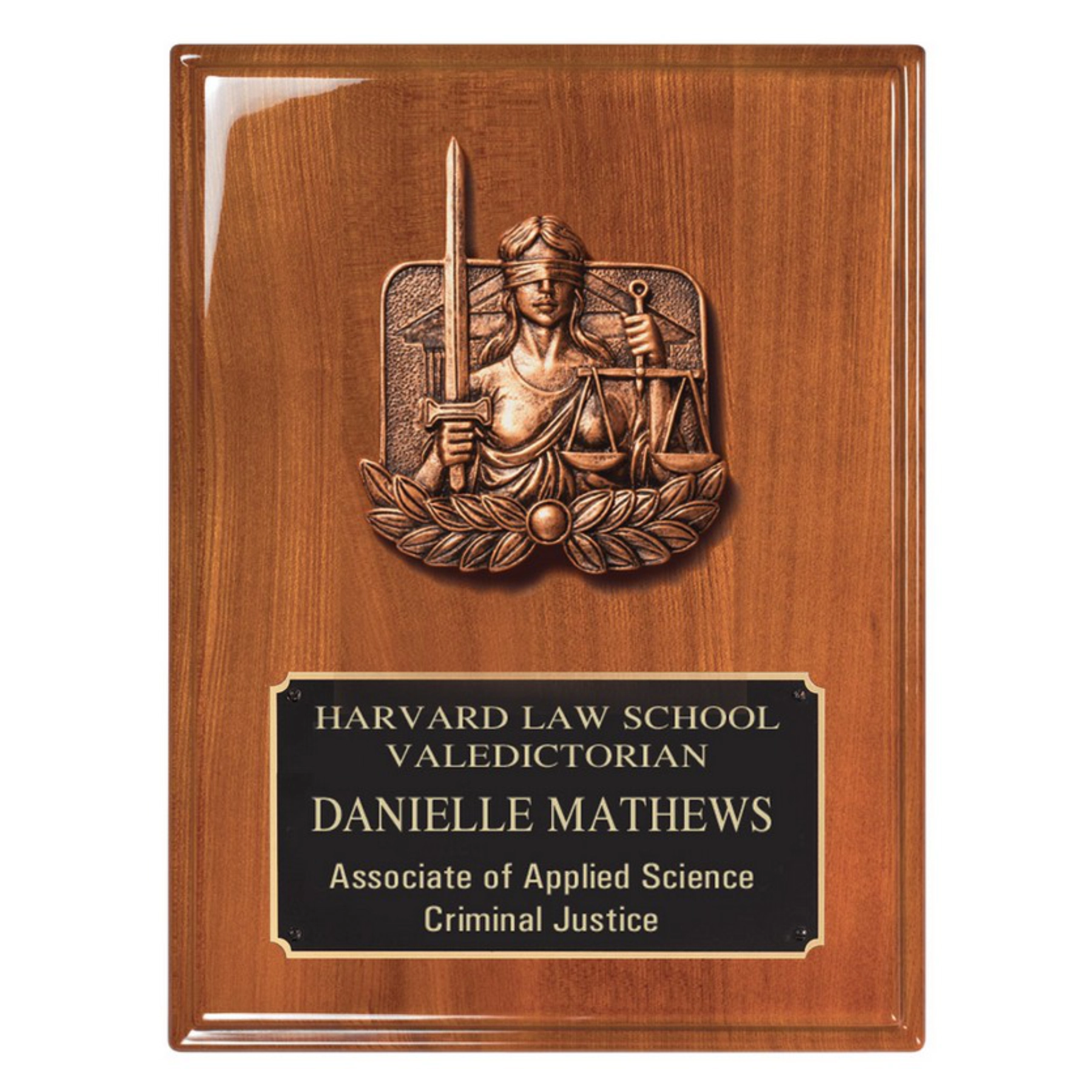 Lady Justice Walnut Plaque